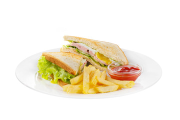 Sandwich with scrambled eggs, bacon, ham, cucumber and lettuce, French fries and ketchup, barbecue sauce. Side view. Serving for a cafe, a restaurant in the menu. Isolated, white background