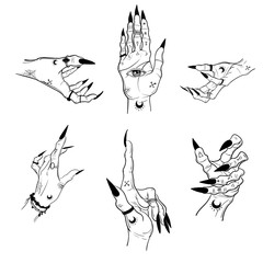 Witch hands with black nails, rings, Magic. Boho style.