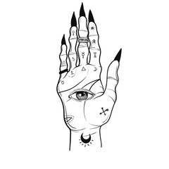 Witch hands with black nails, rings, Magic. Boho style.