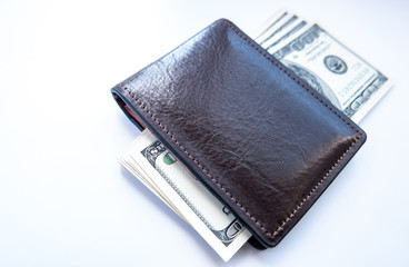 dollars are in a brown purse