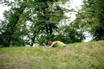 Caucasian fitness woman practicing yoga