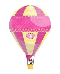 Pink and yellow flat hot air balloon with stripes, and a man in the basket on festival or holiday