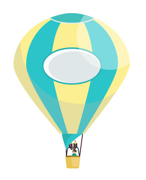 Blue and yellow flat hot air balloon with stripes, and a man in the basket on festival or holiday