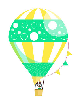 Green and yellow flat hot air balloon with pattern, flags and a man in the basket on festival or holiday