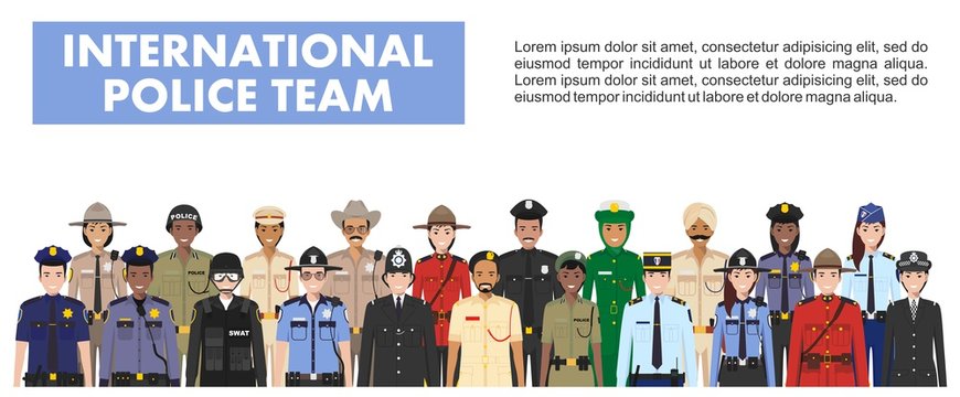 International police people concept. Detailed illustration of SWAT officer, policeman, policewoman and sheriff in flat style on white background. Vector illustration.