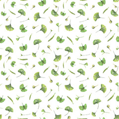 Seamless pattern with green leaves of ginkgo biloba. Hand drawn illustration with colored pencils. Botanical natural design for textiles, interior or some background.