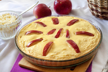 Sweet cottage cheese casserole with apples and free-range eggs