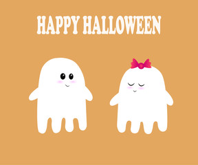 Flying ghosts wish you a happy Halloween.Ghosts of girls and boys are cute. Scary White Ghost. Cute little flying ghosts . Smiling face, hands. Orange greeting card background. Flat design. Vector ill