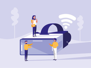 group of people with virtual reality glasses in landscape