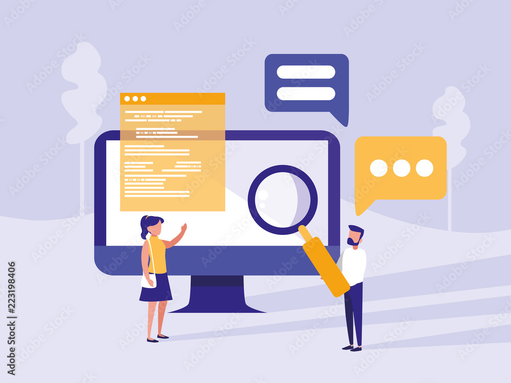 Poster couple with monitor computer and icons
