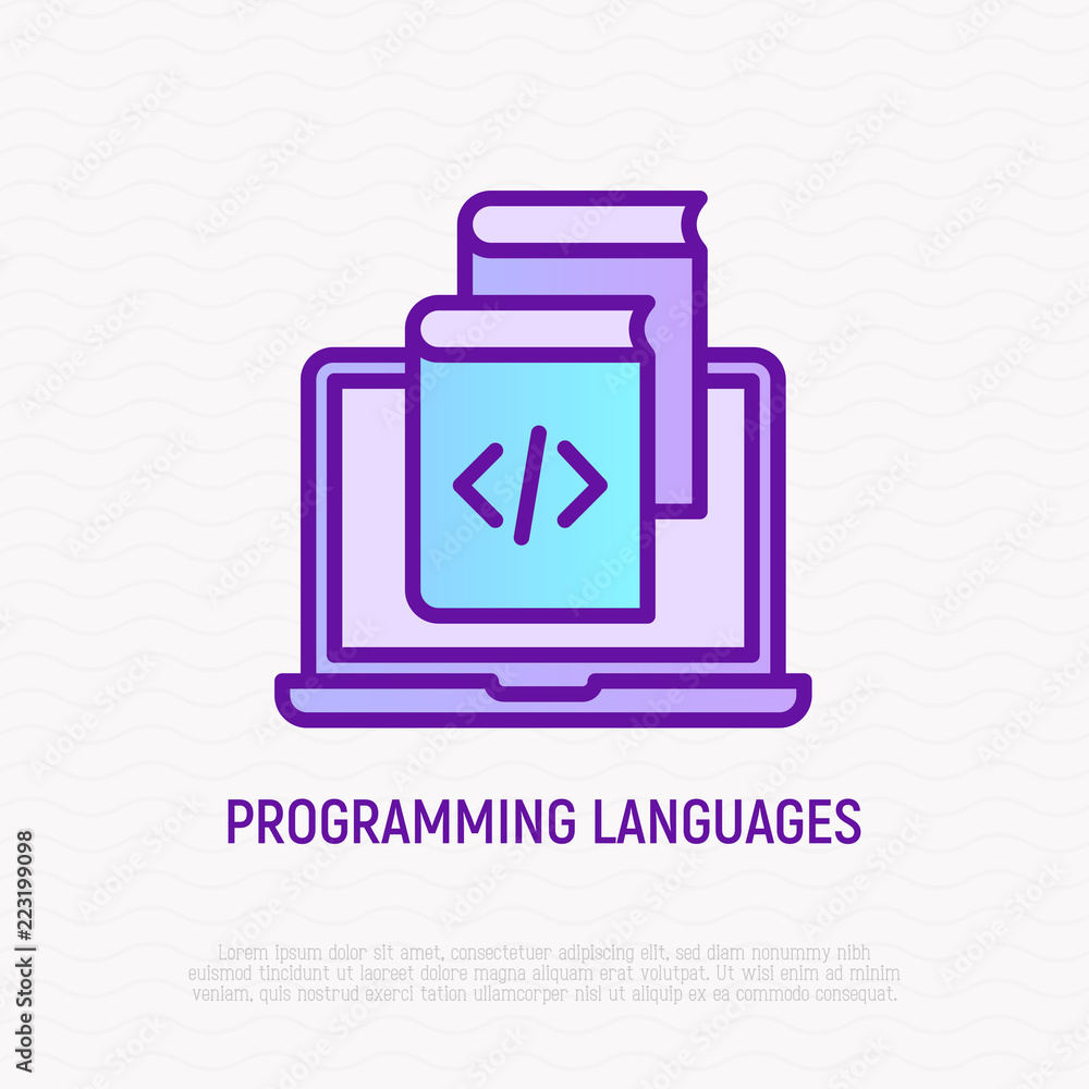 Aufkleber programming languages thin line icons: opend laptop with books. modern vector illustration.
