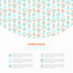 Fototapeta na wymiar Christmas concept with thin line icons: Santa Claus, snowflake, reindeer, wreath, bells, decoration, candy cane, polar bear in hat, angel, mitten, candle, penguin, garland. Vector illustration.