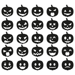 Big set black pumpkin on white background. The main symbol of the Happy Halloween holiday. Black pumpkin with smile for your design for the holiday Halloween. Vector illustration.