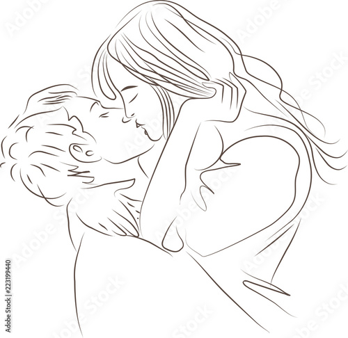 Vector Illustration In Line Of Couple Kissing Drawing Men And Woman