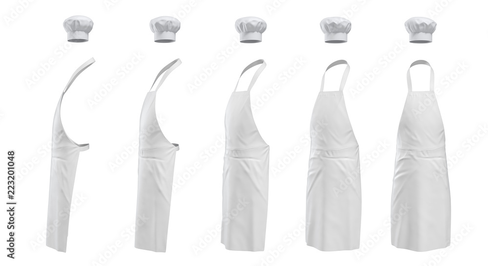 Fototapete 3d rendering of a set of white chief's apron a hat shown in five different angles from the viewer.