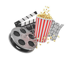 Fototapeta na wymiar 3d rendering of a video reel, popcorn bucket and a clapperboard on a white background.