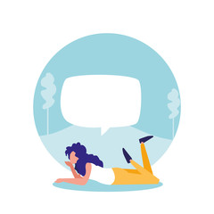 young woman lying in landscape with speech bubble