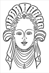 Portrait of a girl in vintage clothing, Linear drawing,, Old times. An old portrait of a woman. white, Vector