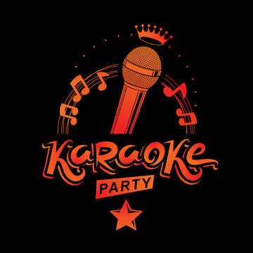 Microphone audio equipment composed with musical notes, can be used as vector emblem for karaoke party advertising and nightclub discotheque invitation poster.