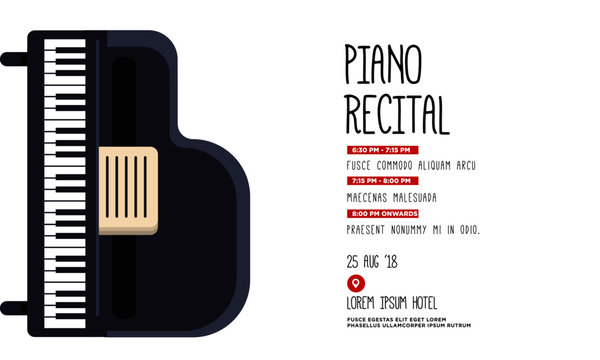 Music Concert Invitation with Date and Venue Details Piano Vector Illustration in Flat Style Design