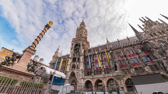 Munich Germany time lapse 4K, city skyline timelapse at Marienplatz new Town Hall Square