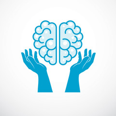 Human anatomical brain with tender defending hands of care. Vector illustration, logo or icon. Care for mental health, careful and correct education concept.