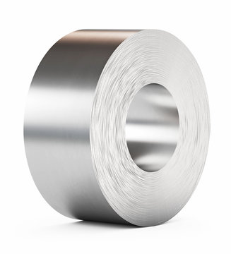 Steel sheet in roll, rolled metal products. Isolated on white background, clipping path included. 3d illustration.