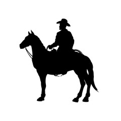 Black silhouette of cowboy on horse. Isolated image of american rider. Western landscape. Vector illustration