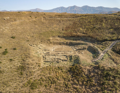 Drone view of ruins located in Finiq Archaeological park, Albania