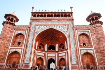 The main entrance to Taj Mahal in the morning in Agra, India.