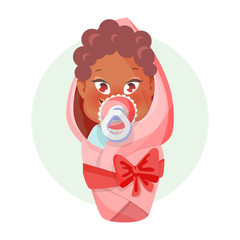 Baby with pacifier. Newborn girl is wrapped in a diaper. Vector illustration with cartoon style.