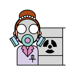 scientific woman with protection mask radiation barrel hazard