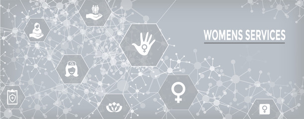 Women's Services Icon Set and Web Header Banner with Female Symbol