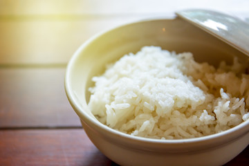 Original cooked Thai Jasmine rice close up.