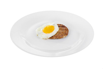 Cutlet, beef steak, lamb with scrambled eggs, on a plate, isolated white background. Side view. Serving for a cafe, a restaurant in the menu