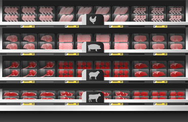 Fresh meat for sale display on shelf in supermarket , vector , illustration