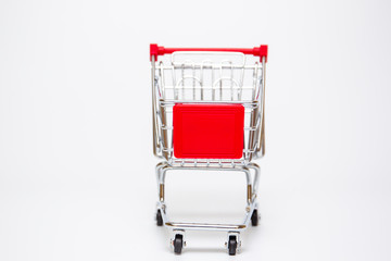 Basic style of shpping cart close up on white background.  Copy space on right side for text or...