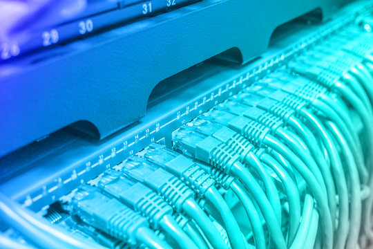 Light green patch cord internet cables connected