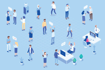 Fototapeta na wymiar Isometric people vector set. Office life. Isometric office workspace with people working together. Flat illustration. 