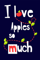 Fruit poster with text, leaves and red apple on black background. Vector banner.