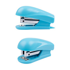 blue office stapler shot close-up, isolated on white background