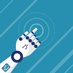 Robot touches the screen. Working with virtual interface. Design element for web and mobile applications. Vector illustration flat design. Isolated on background.