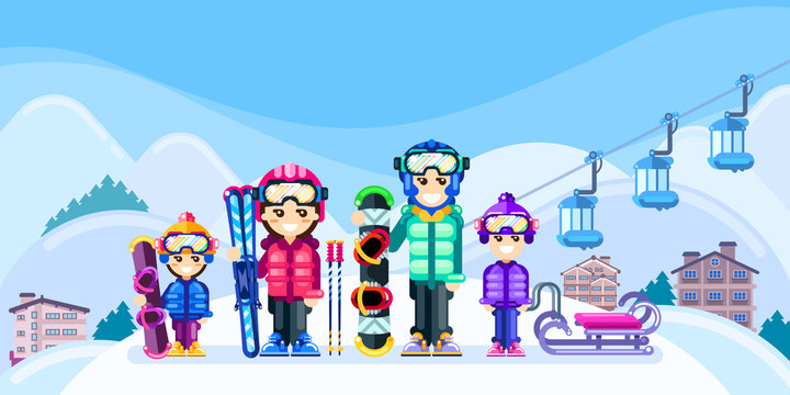 Happy family at winter ski resort, vector flat style illustration. Weekend travel in mountains, leisure outdoor concept