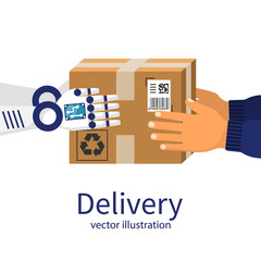Delivery courier. Robot give the cardboard box to the person. Delivery future. Vector illustration flat design. Modern technology. Isolated on background.
