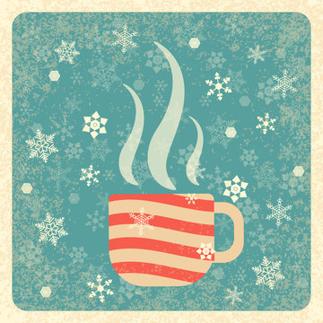 Vintage card. Steaming Cup. Snowflakes background. Grunge texture. Ivory elements, muted green background, frame