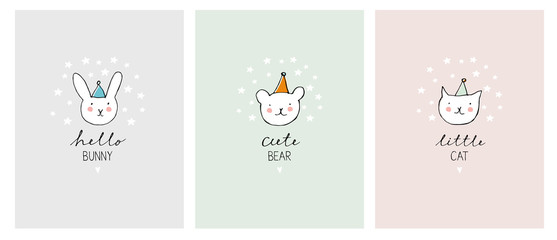 Set of Cute Hand Drawn Decorative Pets Illustration. Pastel Colors. White Cat, Bunny and Bear. Hand Written Letters. White, Pink, Grey and Mint Green Infantile Cards. Lovely Candy Posters.