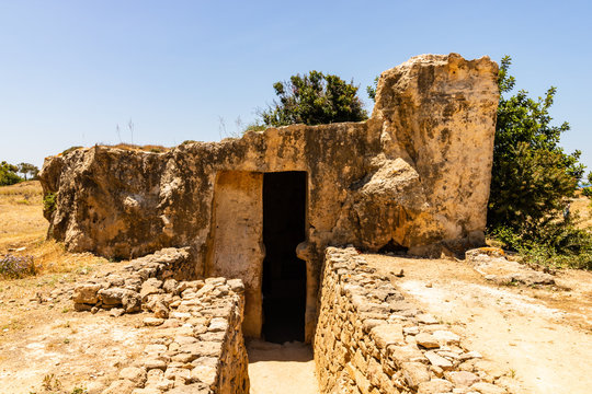 Ruins and columns of the ancient city of Paphos, Cyprus. Entrance in an old temple.