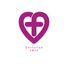 God Christian Love conceptual logo design combined with Christian Cross and heart, vector creative symbol.