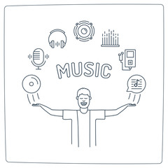 a music man character with his hands up and Audio doodle Icons