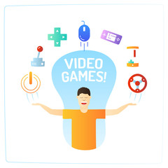 a geek man character with his hands up and video game doodle icons